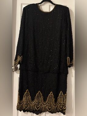 Vintage Laurence Kazar Black Dress with Gold Beaded Neckline